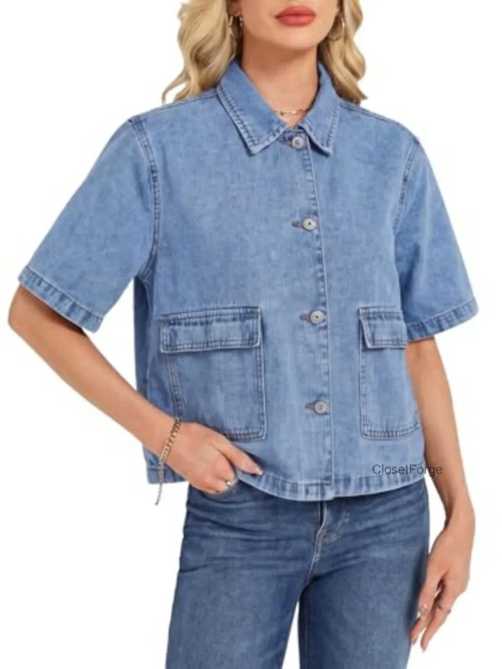 Short Sleeve Crop Denim Jacket Boxy Fit Collared Button Down With Pockets